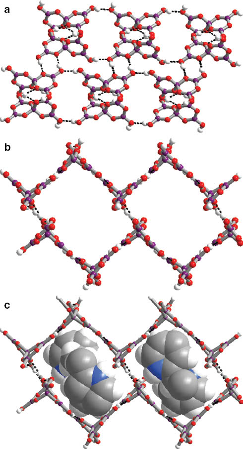 Fig. 5: (a) The pentaborate anions [B5O6(OH)4]– linked by O–H···O hydrogen bonds; (b) a view along the crystallographic a axis showing a unidirectional rectangle-like borate anion host lattice with 12-membered boron rings; (c) packing of molecules in the three-dimensional arrangement in 2.