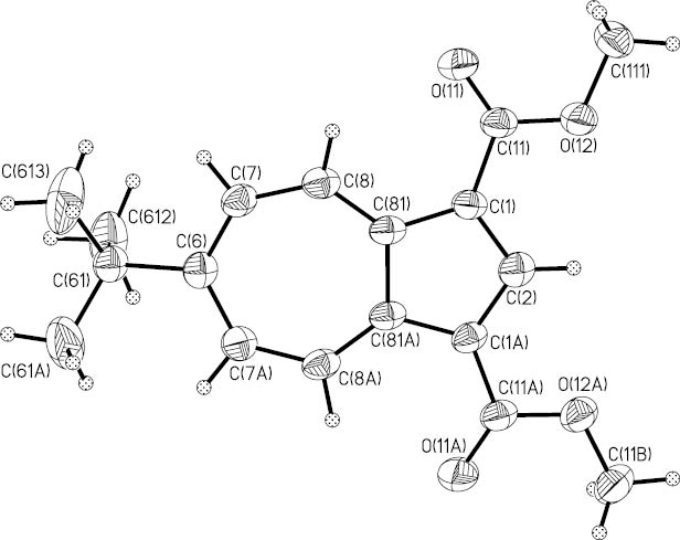 Fig. 2: Ortep plot of dimethyl 6-tert-butylazulene-1,3-dicarboxylate (12b). Displacement ellipsoids are drawn at the 50 % probability level, H atoms as spheres with arbitrary radii. The atoms are numbered according to the symmetry of the molecule and do not agree with the IUPAC rules which are applied for 12b in the text.