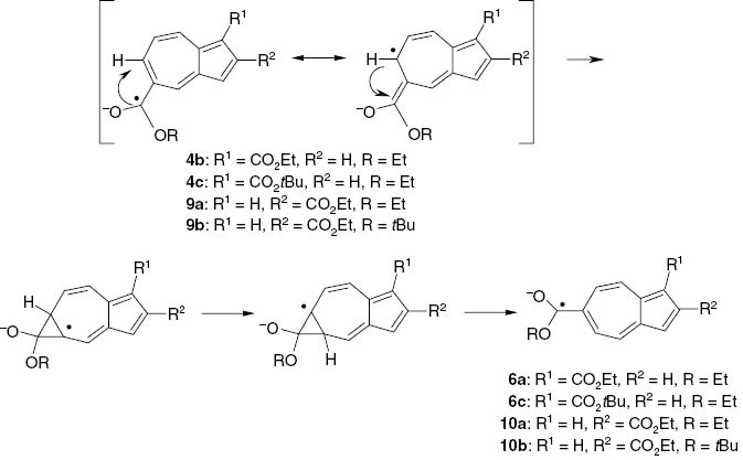 Scheme 6: Rearrangement of alkyl azulene-1,5- and azulene-2,5-dicarboxylate radical anions to alkyl azulene-1,6- and azulene-2,6-dicarboxylate radical anions.