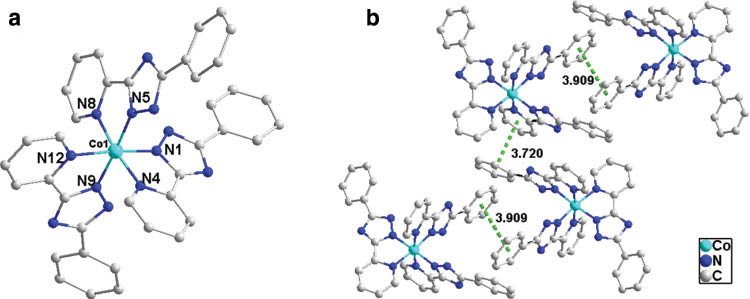 Fig. 3: (a) Coordination environment of the Co(III) ion in complex 1; (b) intermolecular π–π stacking in the crystal structure of complex 1.