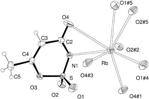 Fig. 2: View of rubidium-acesulfamate salt showing the labeling of the non-H atoms and their displacement ellipsoids at the 30 % probability level. Metal-ligand short contacts up to 3.5 Å are indicated by dashed lines. Crystal symmetry operations: (#1) −x+ 1/2, y− 1/2, −z; (#2) x− 1/2, −y+ 1/2, z; (#3) −x+ 1/2, y+ 1/2, −z; (#4) −x+ 1, −y, −z; (#5) −x, −y, −z.