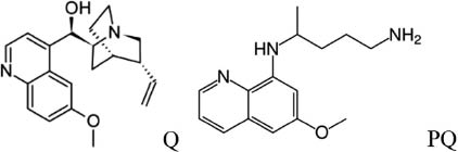 Fig. 1: Molecular formulae of quinine (Q) and primaquine (PQ) containing the 6MQ moiety.