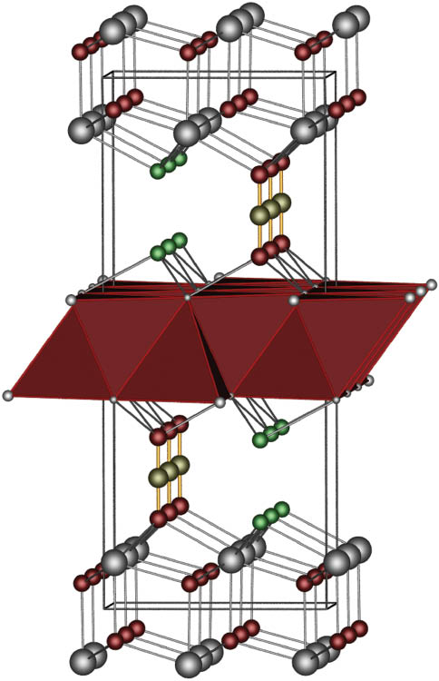 Fig. 2: Perspective view of the crystal structure of Gd4(BO2)O5F approx. along [010] illustrating the layer of OGd4 tetrahedra (shown as closed tetrahedra); Gd atoms grey, boron brown, fluorine green and oxygen red.