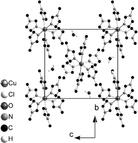 Fig. 8: Unit cell of [Cu(MIm)6]Cl2 · 2H2O (3) as viewed along the crystallographic a axis. H atoms are omitted for clarity.