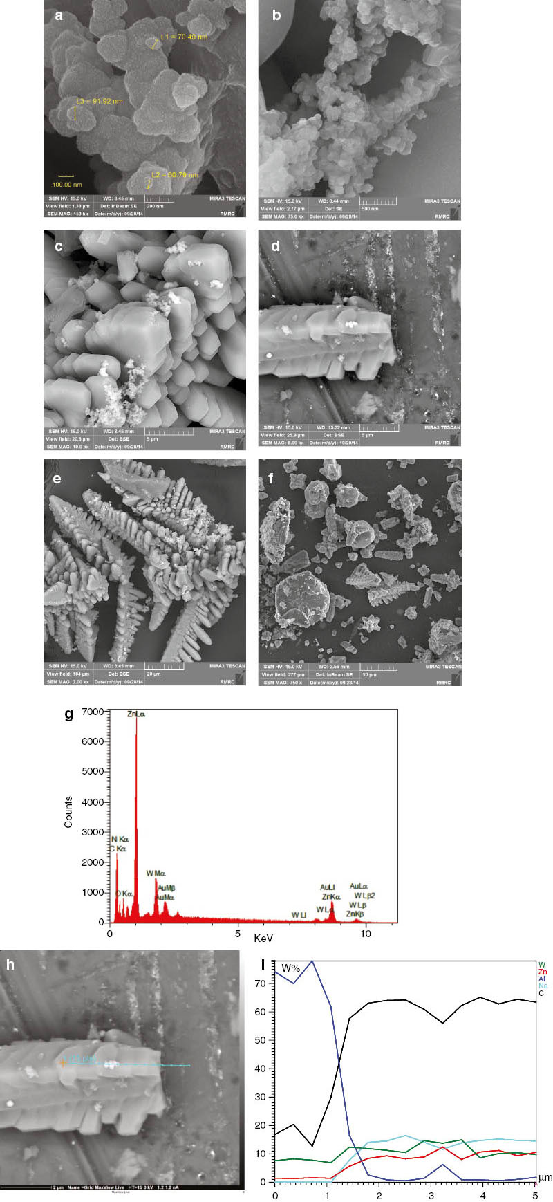 Fig. 2: (a–f) SEM images; (g) EDX; (h, i) SEM image, and EDS linear scanning along PW12/ZIF-8.