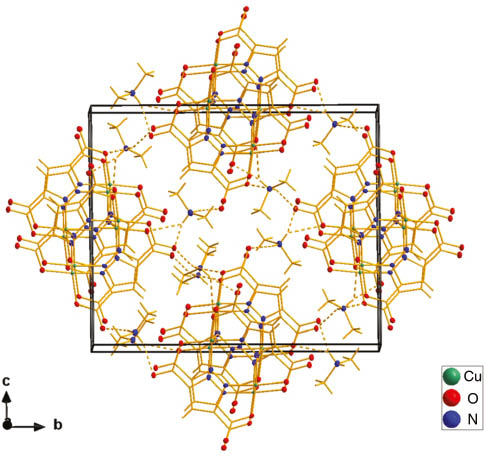 Fig. 2: Columns of the complex anions extending along [100] in the crystal structure of [Me2NH2]4[Cu4(pdc)4]. H atoms are omitted and C atoms are shown as sticks for clarity.