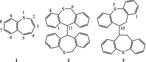 Fig. 4: 1-Benzothiepin (1), 6,6′,11,11′-tetrahydro-11,11′-bi(dibenzo[b,e]thiepinyl) (2), and 10,10′,11,11′-tetrahydro-10,10′-bi(dibenzo[b,f]thiepinyl) (3).
