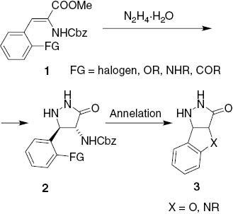 Fig. 1: Planned synthesis of tricyclic pyrazolidinones 3via annelation of ortho-substituted 5-aryl group.