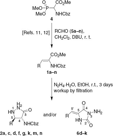 Scheme 1: Isolation of 3-pyrazolidinones 2 and 1-aminohydantoins 6 upon treatment of 1 with hydrazine hydrate followed by filtration workup.