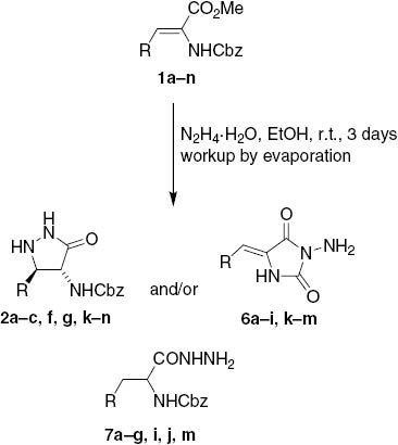 Scheme 2: Formation of 3-pyrazolidinones 2, 1-aminohydantoins 6, and hydrazines 7 upon prolonged treatment of 1 with hydrazine hydrate followed by evaporative workup.