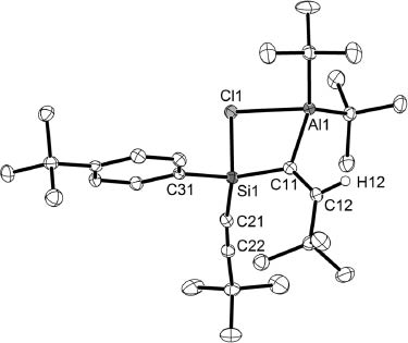 Fig. 2: Molecular structure and numbering scheme of 4; the structure of the gallium compound 5 is similar. Displacement ellipsoids are drawn at the 40% probability level. H atoms with the exception of the vinylic H atom H12 have been omitted for clarity. Selected bond lengths (pm) and angles (deg): Al1–Cl1 245.6(1), Al1–C11 199.2(2), Si1–Cl1 219.8(1), Si1–C11 182.7(2), Si1–C21 180.8(2), Si1–C31 184.6(2), C11–C12 134.0(3), C21–C22 120.0(3); Al1–Cl1–Si1 79.5(1), Al1–C11–Si1 102.7(1), Cl1–Al1–C11 83.0(1), Cl1–Si1–C11 94.6(1); compound 5 (the numbering of the alkenyl and alkynyl atoms is exchanged): Ga1–Cl1 263.8(1), Ga1–C21 200.3(2), Si1–Cl1 215.6(1), Si1–C21 183.4(2), Si1–C11 181.0(2), Si1–C31 185.0(2), C21–C22 133.7(3), C11–C12 119.7(3); Ga1–Cl1–Si1 78.1(1), Ga1–C21–Si1 104.9(1), Cl1–Ga1–C21 79.4(1), Cl1–Si1–C21 97.4(1).