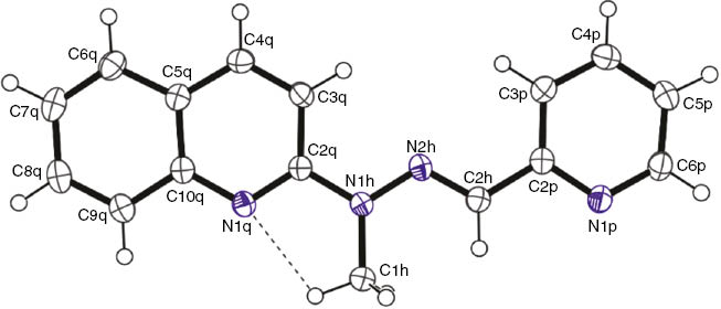 Fig. 1: Molecular structure of 2 in the crystal with the weak intramolecular hydrogen bond. Displacement ellipsoids are drawn at the 50% probability level, H atoms as spheres with arbitrary radii.