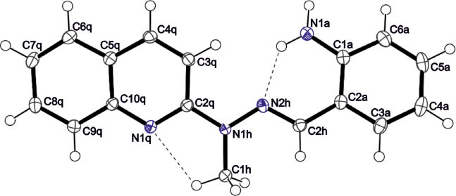 Fig. 3: Molecular structure of compound 5 in the crystal with intramolecular hydrogen bonds. Displacement ellipsoids are drawn at the 50% probability level, H atoms as spheres with arbitrary radii.