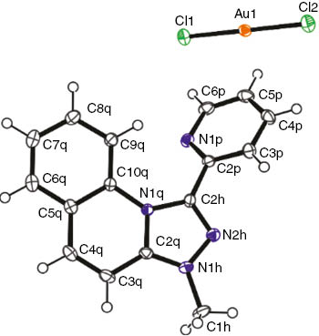 Fig. 4: Molecular structure of compound 6 in the crystal. Displacement ellipsoids are drawn at the 50% probability level, H atoms as spheres with arbitrary radii.