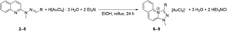 Scheme 2: Au(III)-mediated cyclization of various hydrazones (R = pyridin-2-yl (2, 6), furan-2-yl (3, 7), thiophen-2-yl (4, 8) or 2-aminophenyl (5, 9)).