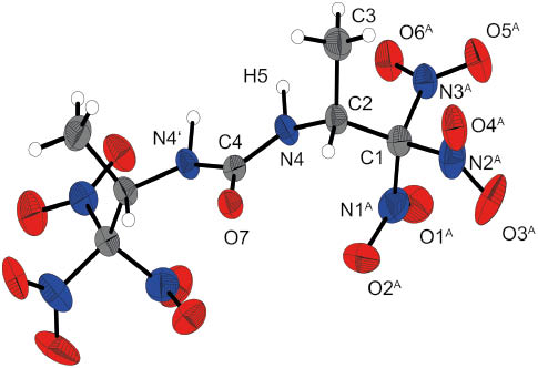 Fig. 2: Molecular structure of N,N′-bis(1,1,1-trinitropropan-2-yl)urea (1) in the crystal with displacement ellipsoids at the 50% probability level. Selected bond lengths (Å) and angles (deg): C1–N1A 1.529(5), C1–N3A 1.578(4), C1–C2 1.534(3), C2–C3 1.520(3), C2–N4 1.441(3), C4–N4 1.360(3), C4–O7 1.231(4); N4–C4–N4’ 113.7, C2–C1–N1A 113.9(2), C2–C1–N2A 116.3(3), C2–C1–N3A 110.5(2), N2A–C1–N3A 105.0(3), N3A–C1–N1A 104.1(2), N1A–C1–N2A 106.1(3); O7–C4–N4–H5 173(2).