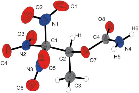 Fig. 4: Molecular structure of 1,1,1-trinitropropan-2-yl carbamate (3) in the crystal with displacement ellipsoids at the 50% probability level. Selected bond lengths (Å) and angles (deg): N1–O1 1.188(4), N1–O2 1.207(3), N1–C1 1.535(3), N4–C4 1.320(3), N4–H5 0.81(2), N4–H6 0.81(3), O8–C4 1.216(2); C2–C1–N3 111.3(2), C2–C1–N2 112.6(2), C2–C1–N1 112.8(2), C2–O7–C4 115.9(2); H6–N4–C4–O7 –180(2), H6–N4–C4–O8 1(2), N4–C4–O7–C2 –176.0(2), H1–C2–C3–H3 176(3), O7–C2–C3–H2 169(2), H1–C2–C1–N3 –174(2), O7–C2–C1–N2 –179.0(2); O7···N3 2.749(3), O5···N1 2.625(3), O2···N2 2.796(3), O4···N3 2.664(3).