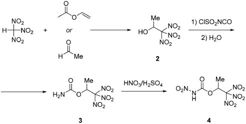 Scheme 2: Synthesis of 1,1,1-trinitropropan-2-yl nitrocarbamate (4) starting from nitroform.