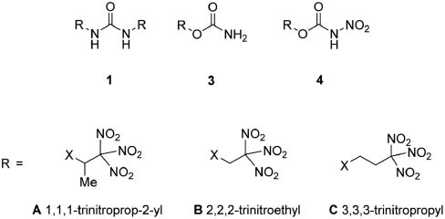 Scheme 3: Overview of molecules containing the 1,1,1-trinitroprop-2-yl, the 2,2,2-trinitroethyl and the 3,3,3-trinitropropyl moieties.
