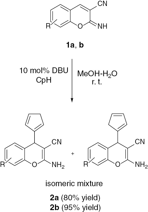 Fig. 2: DBU-catalyzed conjugate addition of CpH to 2-iminochromenes.