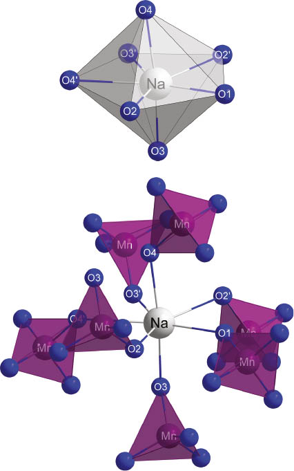 Fig. 1: Coordination sphere of the [NaO7]13– polyhedron in Na[MnO4] (top) and its connectivity to seven vertex-grafted [MnO4]− tetrahedra (bottom).