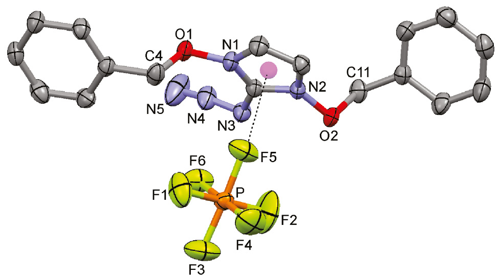 Fig. 1: Molecular structure of 2-azidoimidazolium salt 1 in the crystal exhibiting anion···π interactions. For clarity, H atoms have been omitted.