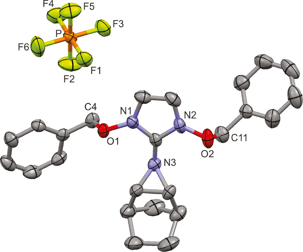Fig. 2: Molecular structure of norbornene adduct 2 in the crystal. For clarity, H atoms have been omitted. Only one of the two independent ion pairs shown.