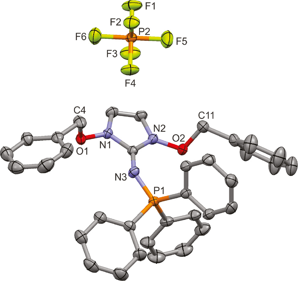 Fig. 5: Molecular structure of phosphazene 5 in the crystal. For clarity, H atoms have been omitted. Solvent molecule not shown.
