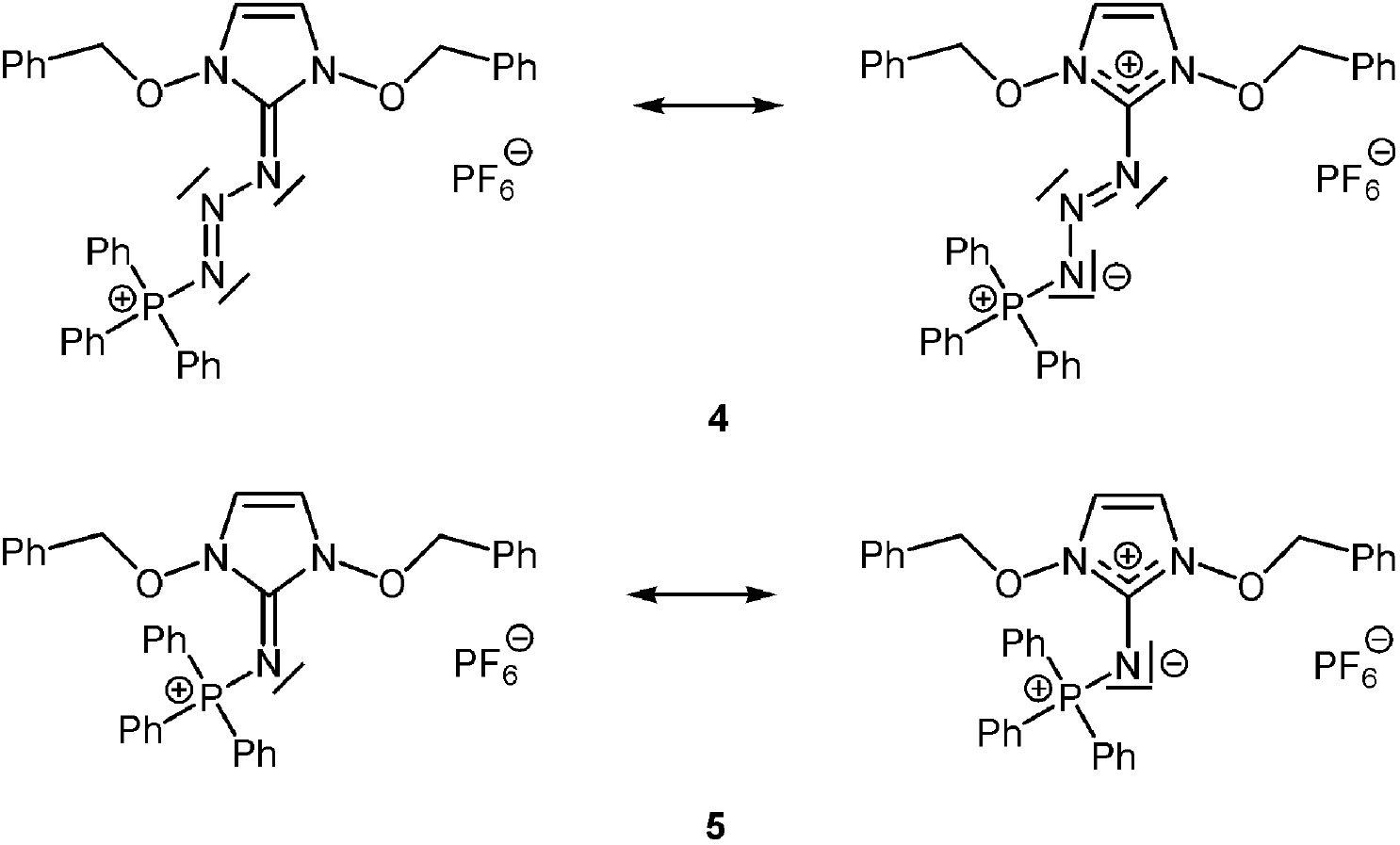 Scheme 2: Bonding situation in the solid state structures of 4 and 5 as based on the X-ray diffraction data.