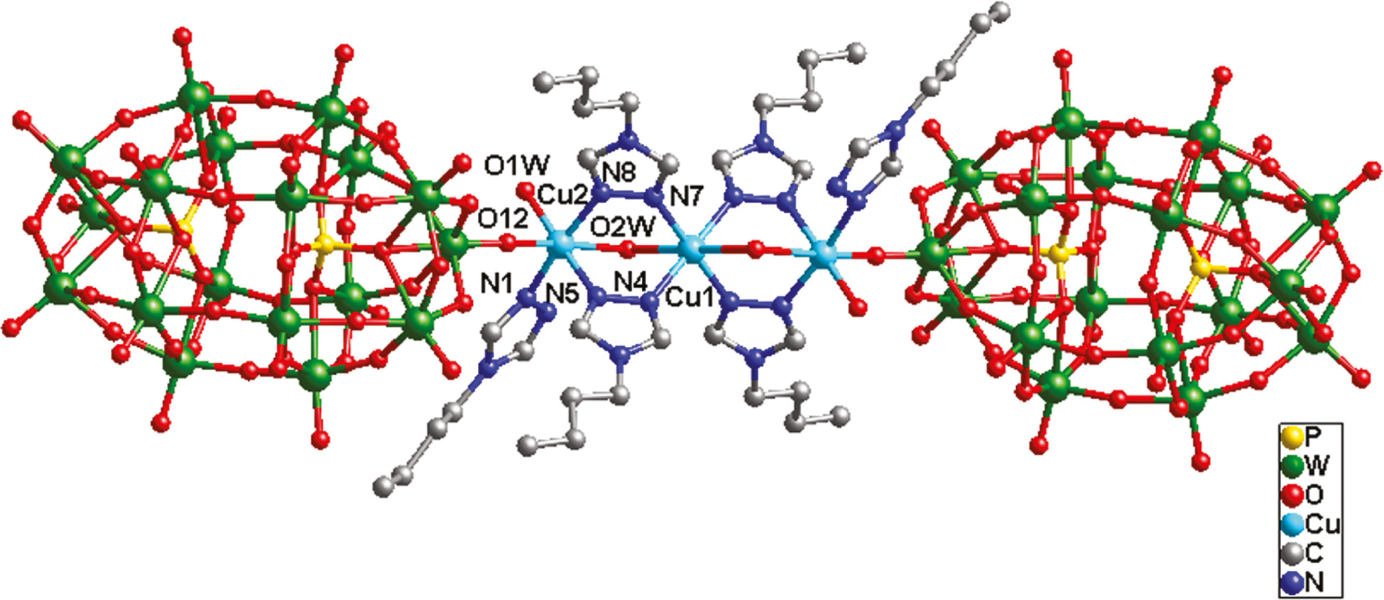 Fig. 1: Ball-and-stick view of the centrosymmetric basic molecular unit of 1. The hydrogen atoms and crystal water molecules are omitted for clarity.