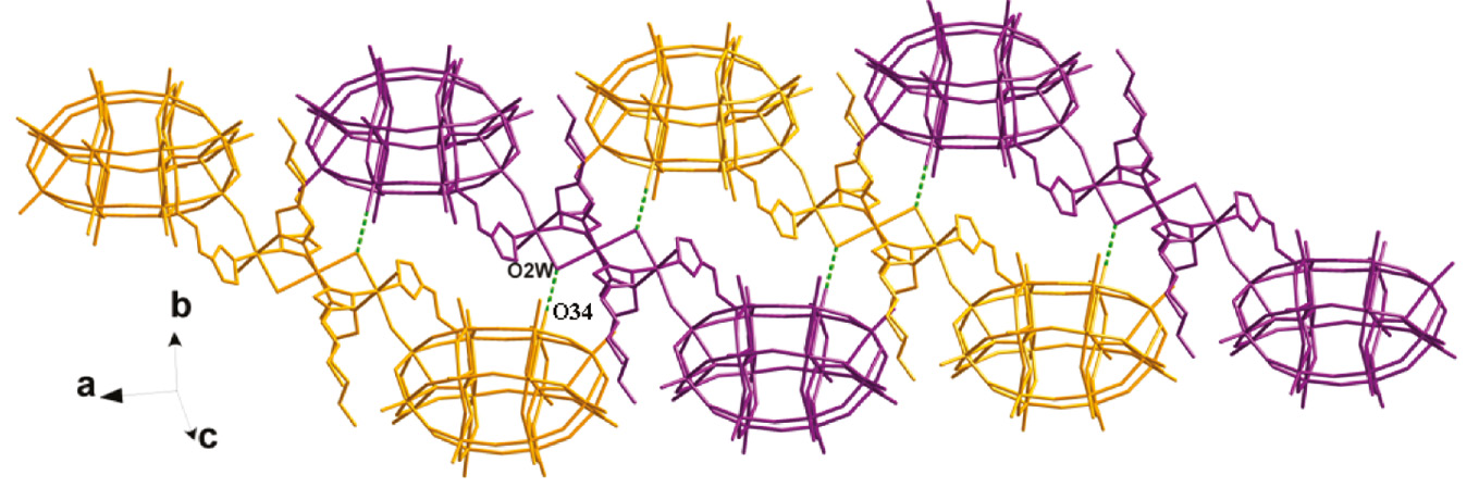 Fig. 3: Supramolecular chain formation in the crystal structure of 1 formed by hydrogen bonding interactions (O34···O2W=2.79 Å). The molecular units depicted in Fig. 1 are shown here with different colors.