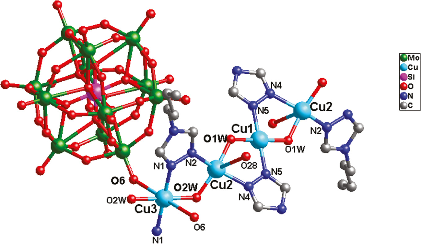 Fig. 4: Ball-and-stick view of the basic molecular unit of 2. The hydrogen atoms and crystal water molecules are omitted for clarity.