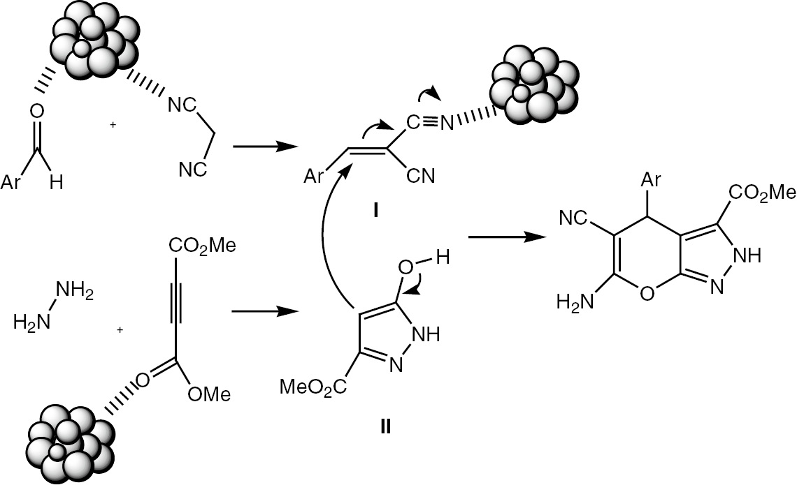 Scheme 2: Schematic mechanism for the catalytic activity of CeO2 NPs in the synthesis of title compounds 5a–i.