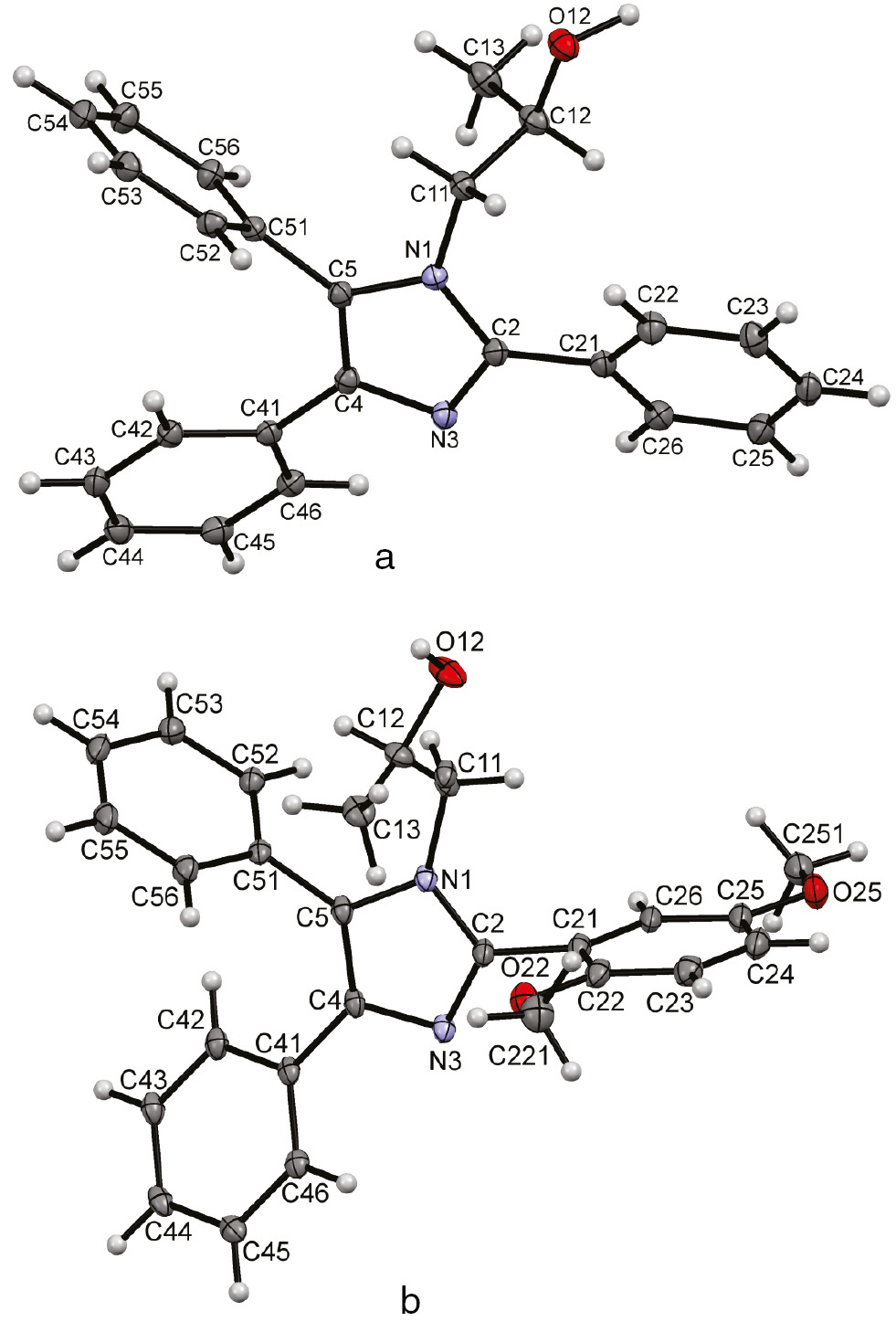 Fig. 1: The molecular structures of (a) 5a and (b) 5c in the crystal with the crystallographic atom numbering scheme adopted. Displacement ellipsoids are drawn at the 50% probability level. For clarity only the major disorder component of the disordered 2-hydroxypropyl substituent of 5c is shown.