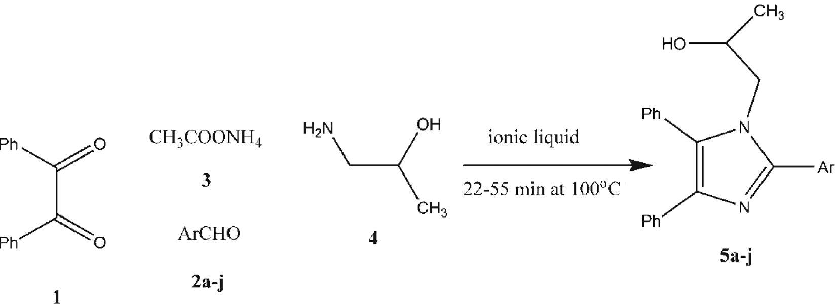 Scheme 1: Synthesis of 1,2,4,5-tetrasubstituted imidazoles 5a–5j.