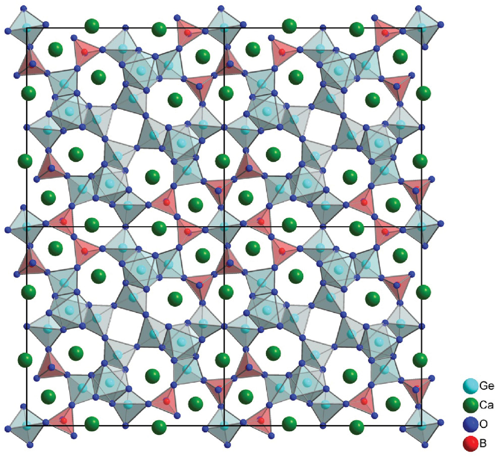 Fig. 3: Crystal structure of Ca12Ge17B8O58 along the c axis.
