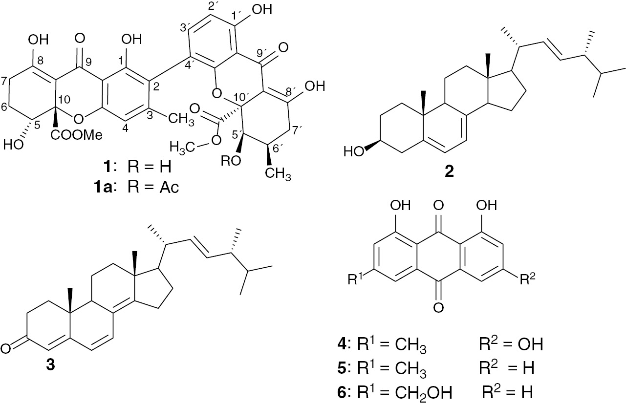 Fig. 1: Structures of compounds 1–6 and neosartorin (1a).