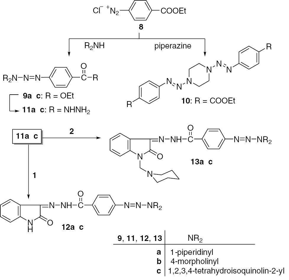 Scheme 2: Synthesis of the hydrazide-hydrazones 12a–c and 13a–c.