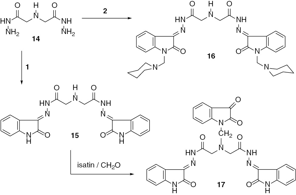 Scheme 3: Reaction of 1 or its Mannich base 2 with iminodiacetohydrazide 14.