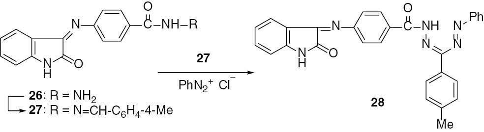 Scheme 7: Reaction of the hydrazide-hydrazone 27 with benzenediazonium chloride.