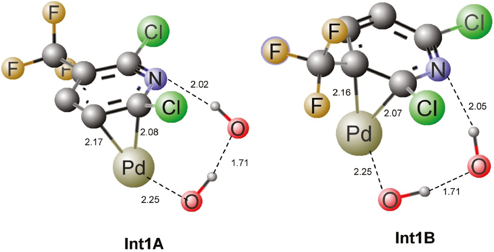 Fig. 1: Optimized geometries of Int1A and Int1B. All bond distances are in Ångströms. Unnecessary hydrogen atoms are removed for clarity.