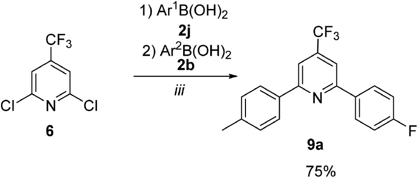 Scheme 4: Reagents and conditions: iii, one-pot synthesis of 9a: 1), 6 (1.0 equiv), 2j (0.9 equiv), K3PO4 (1.5 equiv), Pd(OAc)2 (2 mol%), H2O-DMF (1:1), 20°C, 8 h, 2), 2b (1.2 equiv), K3PO4 (1.5 equiv), Pd(OAc)2 (2 mol%), H2O-DMF (1:1), 50°C, 8 h.