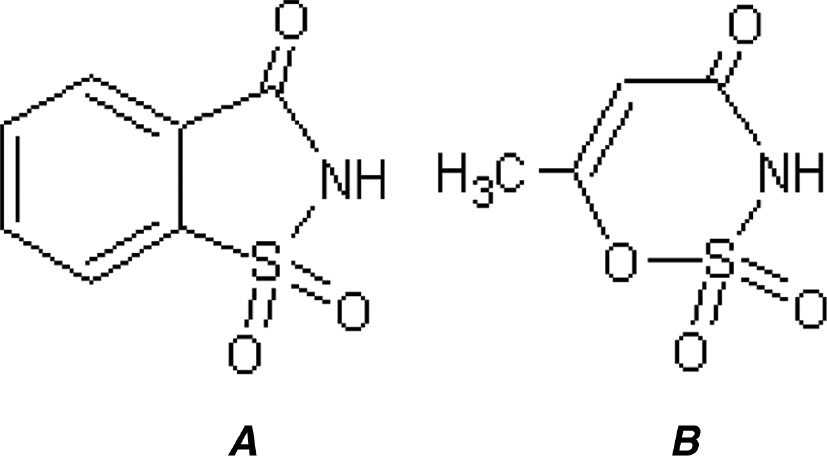 Fig. 1: Schematic drawings of the structures of saccharin (A) and acesulfamic acid (B).