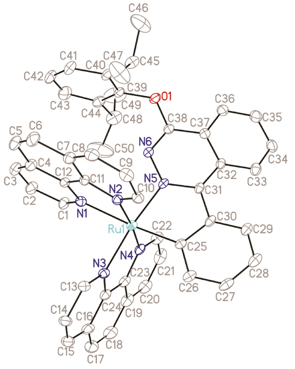 Fig. 1: Molecular structure of the cation [Ru(κ2-C,N-L1)]+ of the complex 1·1.5H2O in the crystal. Displacement ellipsoids are drawn at the 40% probability level. Water molecules, the counter anion and hydrogen atoms are omitted for clarity. Selected bond lengths (Å) and angles (deg): Ru(1)–C(25) 1.989(2), Ru(1)–N(1) 2.169(5), Ru(1)–N(2) 2.074(5), Ru(1)–N(3) 2.061(5), Ru(1)–N(4) 2.053(5), Ru(1)–N(5) 2.021(5), N(5)–N(6) 1.367(6); C(25)–Ru(1)–N(5) 78.7(2), N(1)–Ru(1)–N(2) 78.0(2), N(3)–Ru(1)–N(4) 80.0(2), C(25)–Ru(1)–N(1) 173.0(2), N(2)–Ru(1)–N(4) 174.58(19), N(3)–Ru(1)–N(5) 172.39(19).