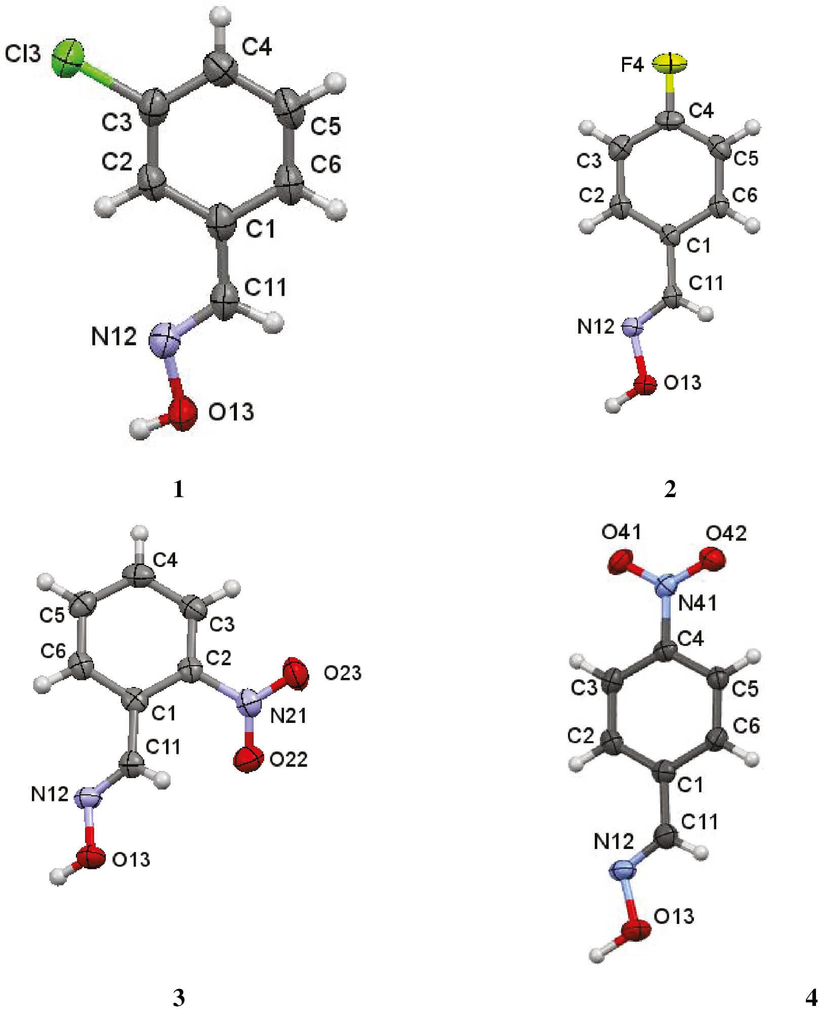 Fig. 2: Views of the asymmetric units of 1–4 with the atom numbering schemes. Displacement ellipsoids are drawn at the 80% probability level, hydrogen atoms as spheres with arbitrary radii.