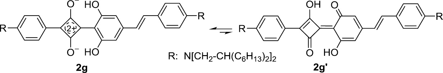 Scheme 3: Resorcinol-derived squaraines such as 2g do not exist to a perceptible amount in the tautomeric form 2g′.