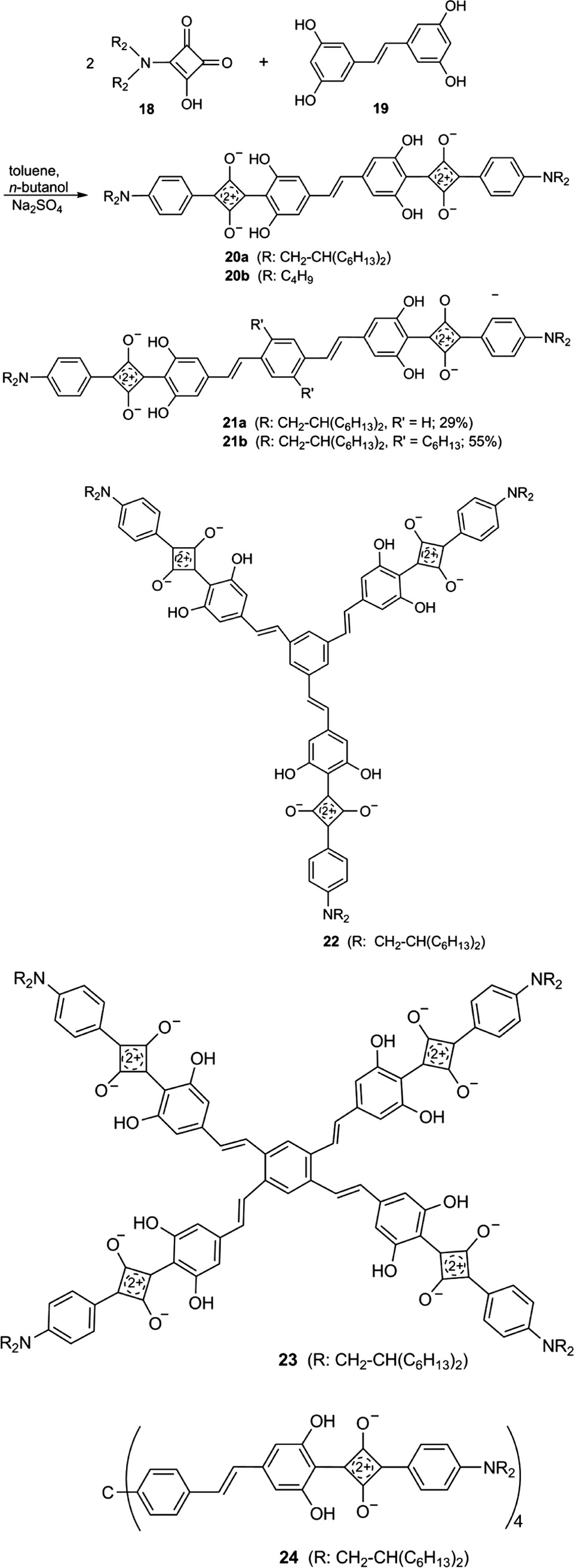 Scheme 6: Preparation of multiple squaraine dyes fixed to stilbenoid scaffolds.