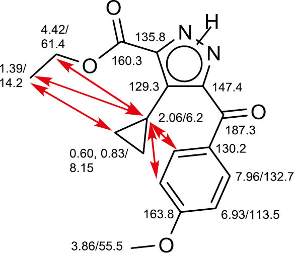Fig. 2: NMR chemical shifts (1H/13C, δ [ppm] of pyrazole 11c; the arrows indicate NOE relationships.