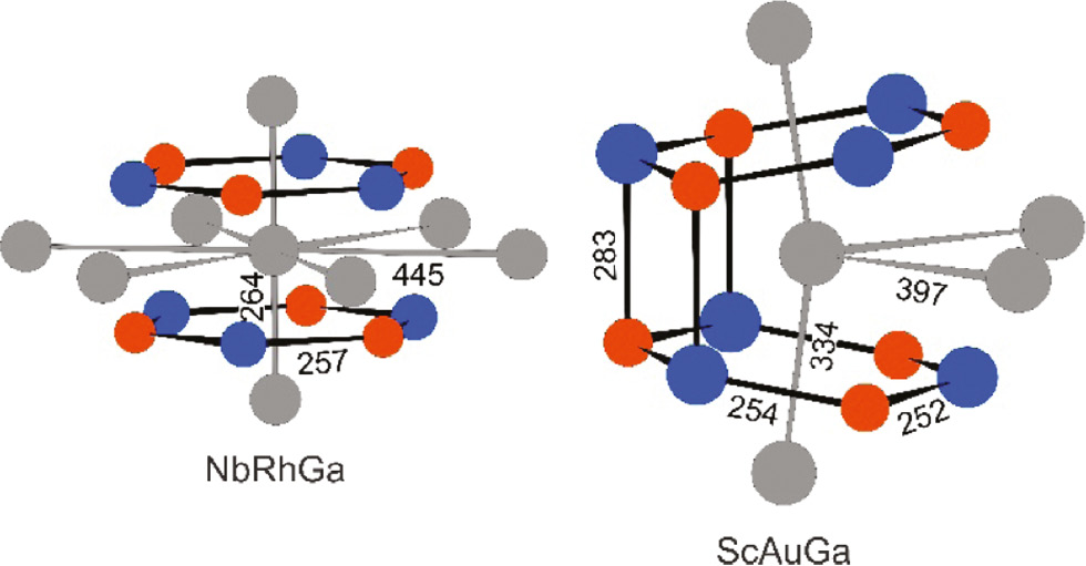 Fig. 3: Coordination polyhedra of the niobium and scandium atoms in NbRhGa (left) and ScAuGa (right). Niobium (scandium), rhodium (gold) and gallium atoms are drawn as medium grey, blue and red circles, respectively.