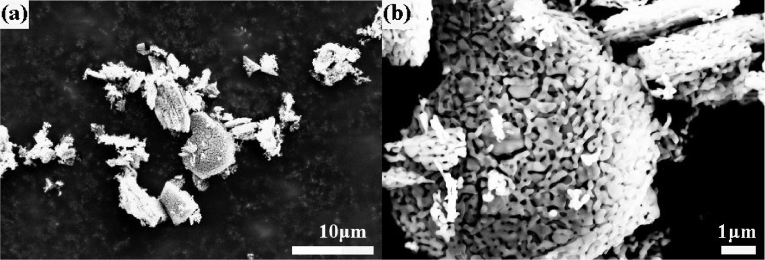 Fig. 7: SEM photographs of the α-Al2O3 sample obtained by the calcination of 9-h ball-milled Al(OH)3 at T=1300°C for 3 h. Picture (b) is the magnification of the selected area in picture (a).
